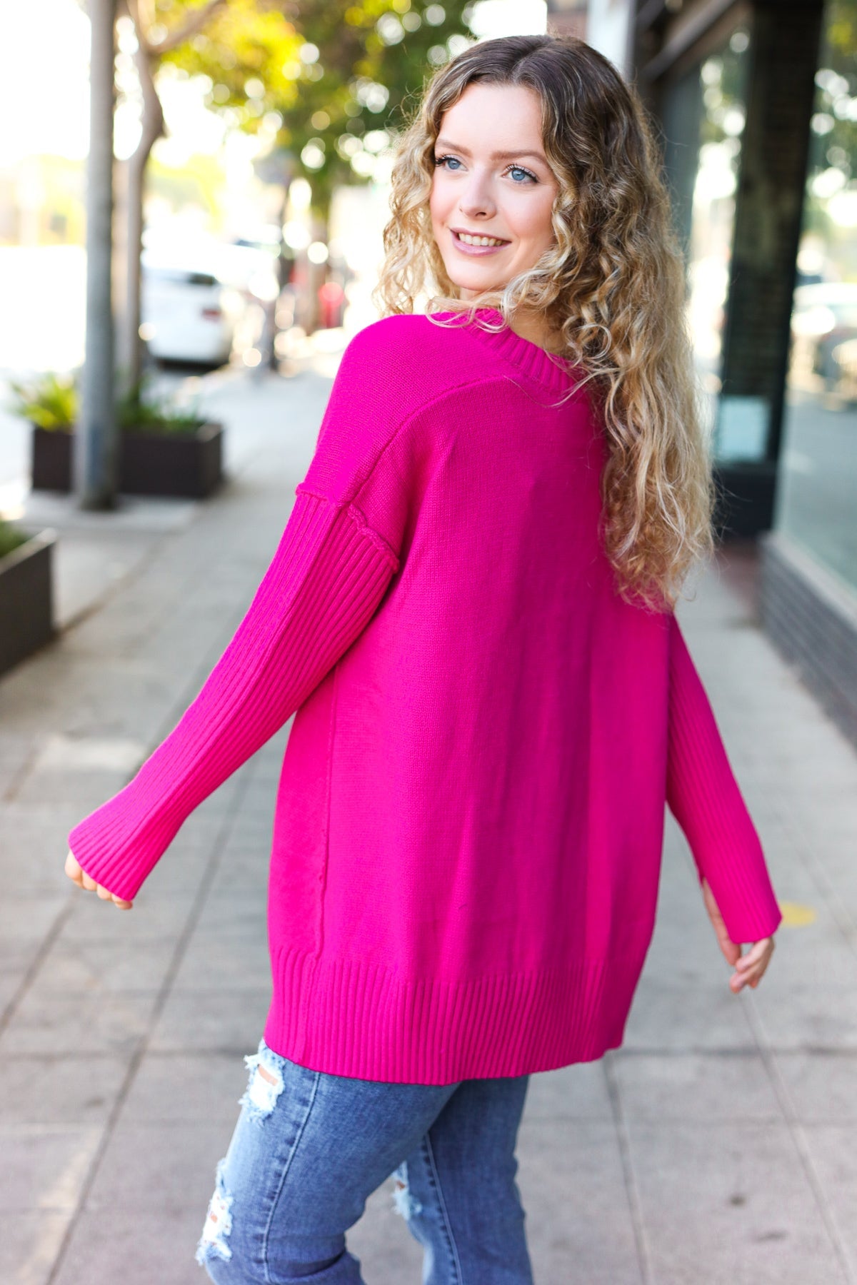 Magenta Oversized V Neck Rib Knit Sweater