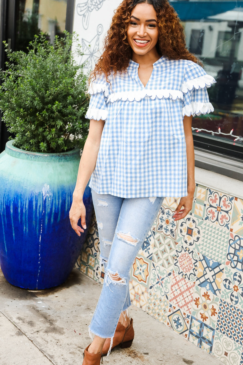 Cotton Blue Gingham Shirred Notched Neck Top