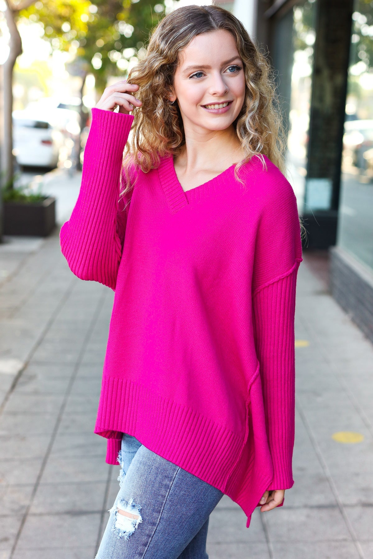 Magenta Oversized V Neck Rib Knit Sweater