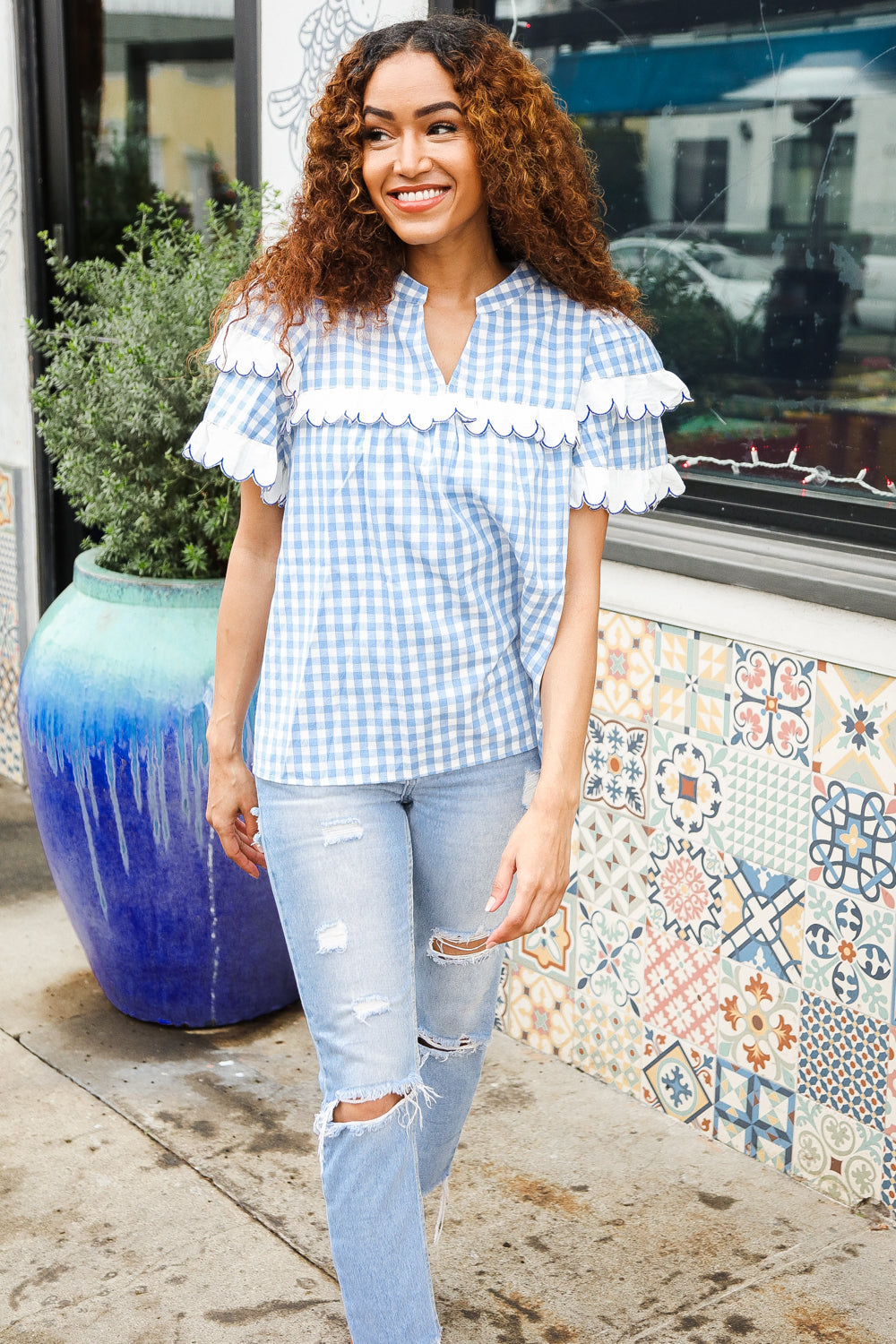 Cotton Blue Gingham Shirred Notched Neck Top