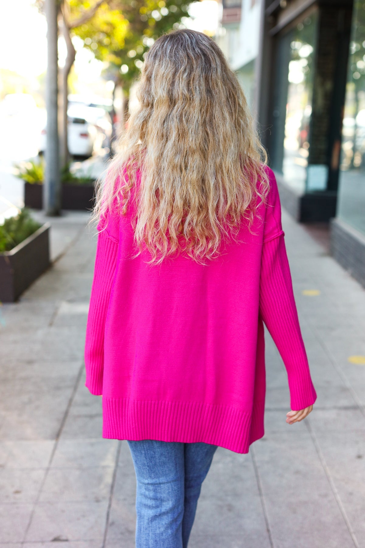 Magenta Oversized V Neck Rib Knit Sweater