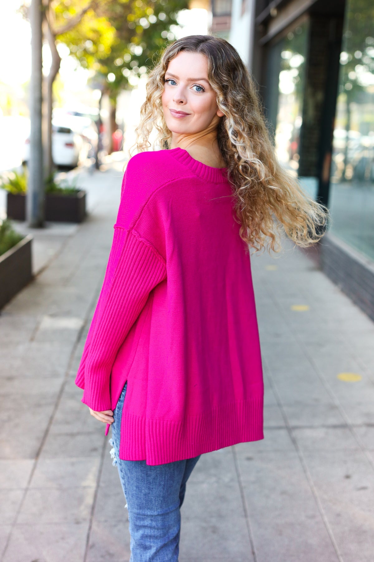 Magenta Oversized V Neck Rib Knit Sweater