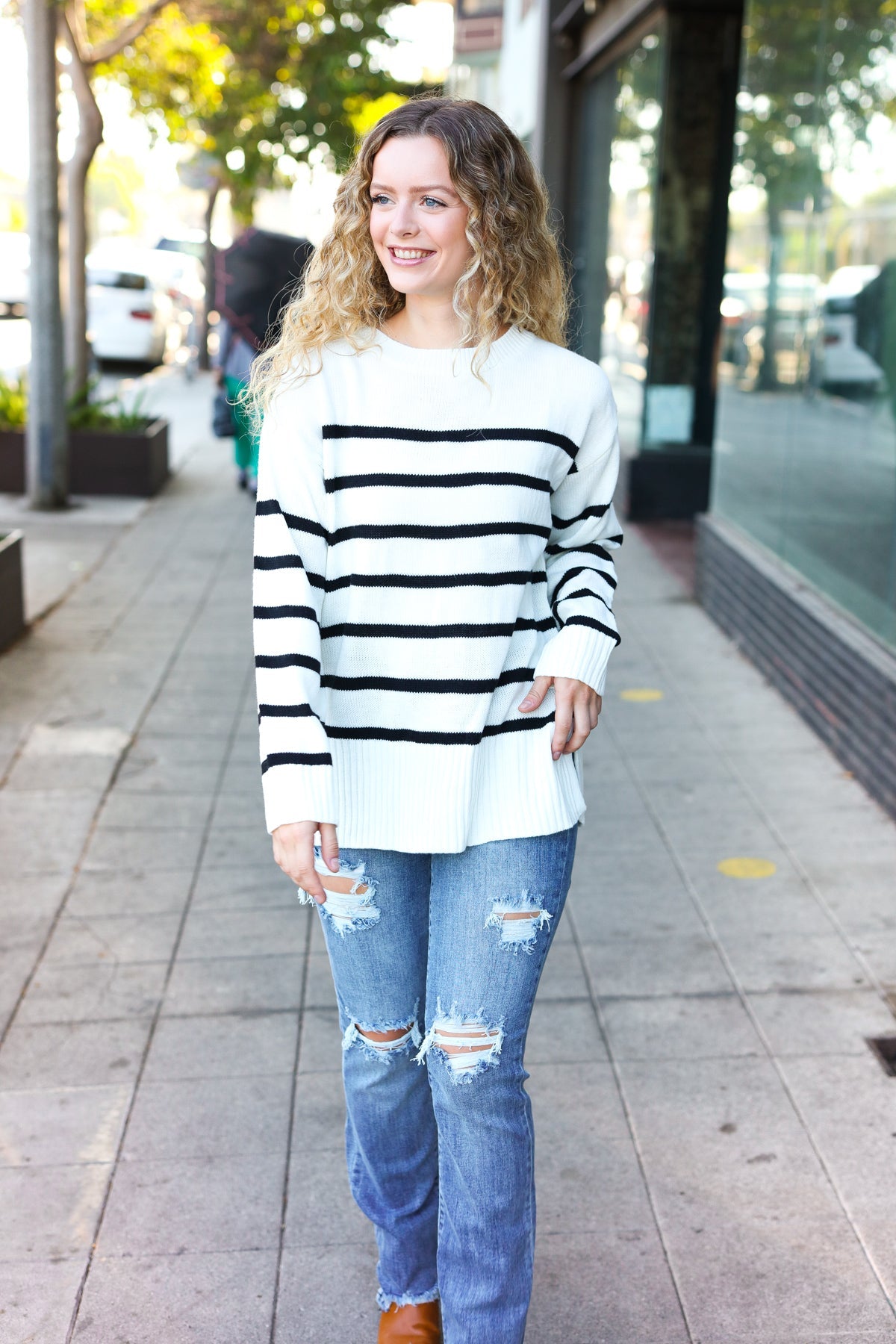 Ivory Striped Oversized Knit Sweater