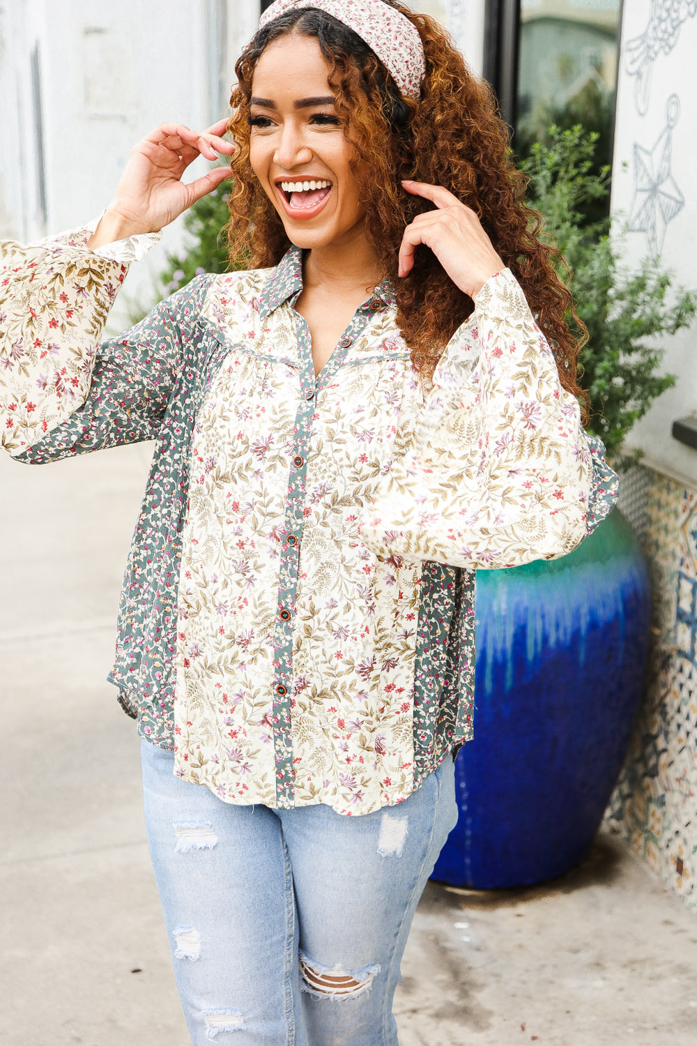 Green Oatmeal Floral Button Bell Sleeve Top