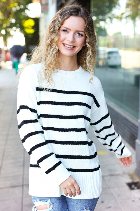 Ivory Striped Oversized Knit Sweater