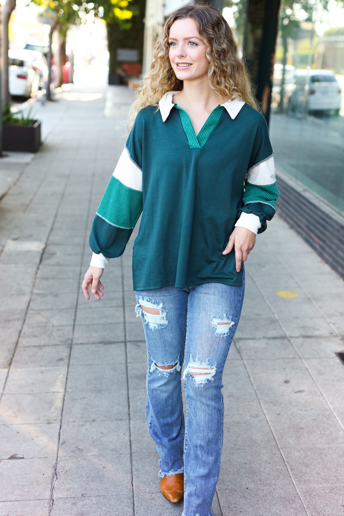 Hunter Green Color Block Collared French Terry Top