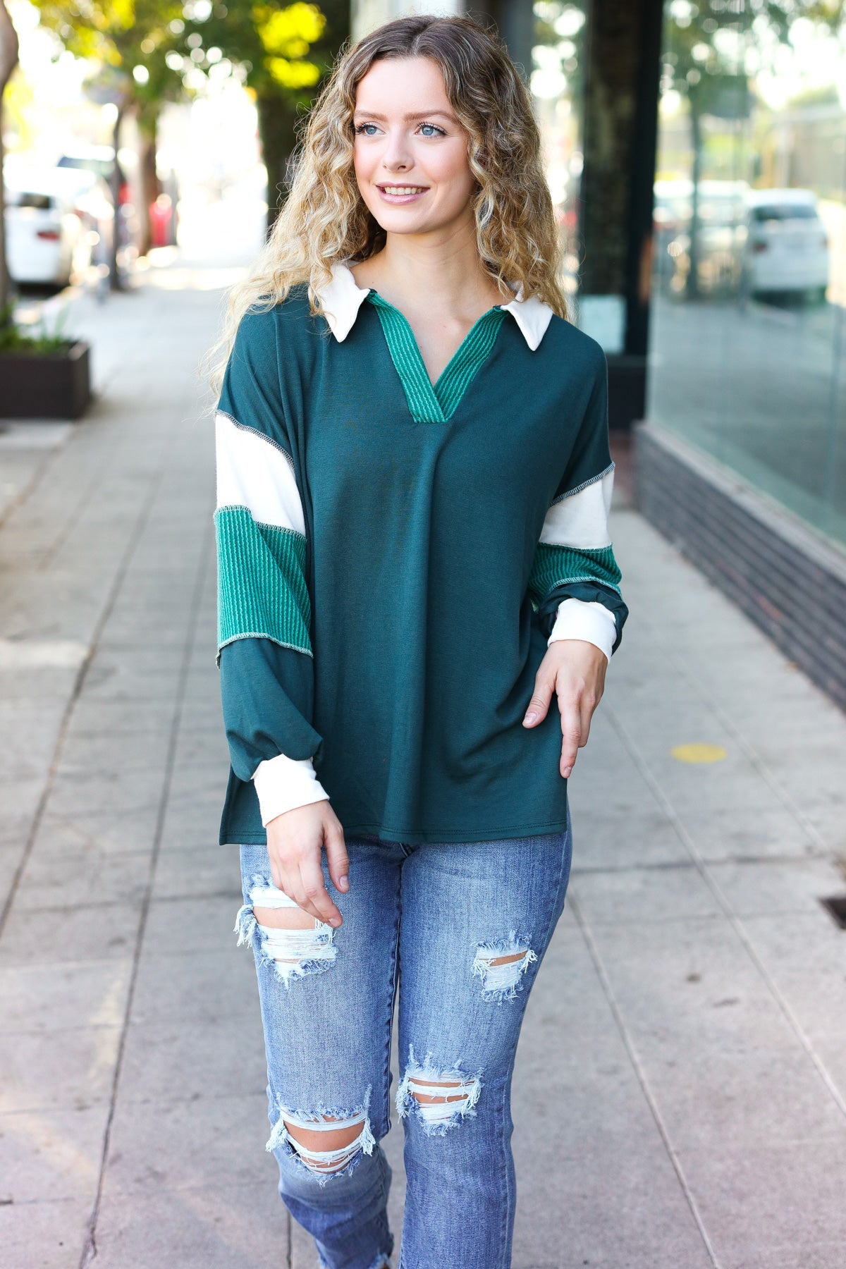 Hunter Green Color Block Collared French Terry Top