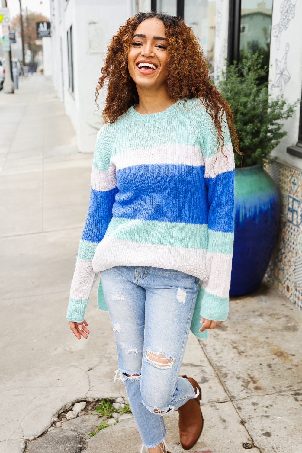 Mint Blue Stripe Rib Mohair Tunic Sweater