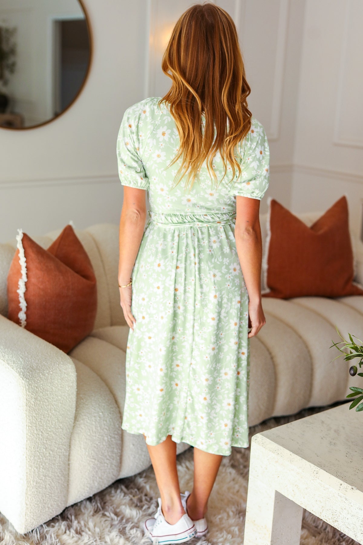 Sage Floral Print Fit & Flare Sash Belt V Neck Dress