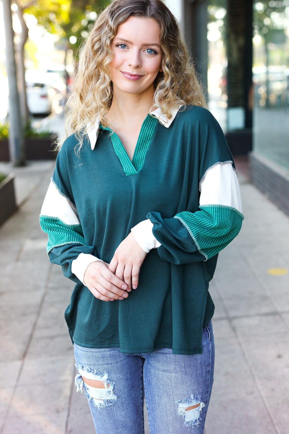 Hunter Green Color Block Collared French Terry Top