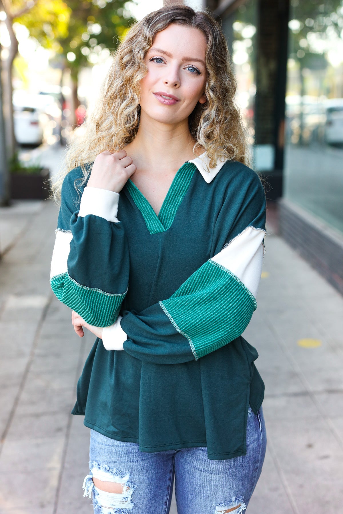 Hunter Green Color Block Collared French Terry Top