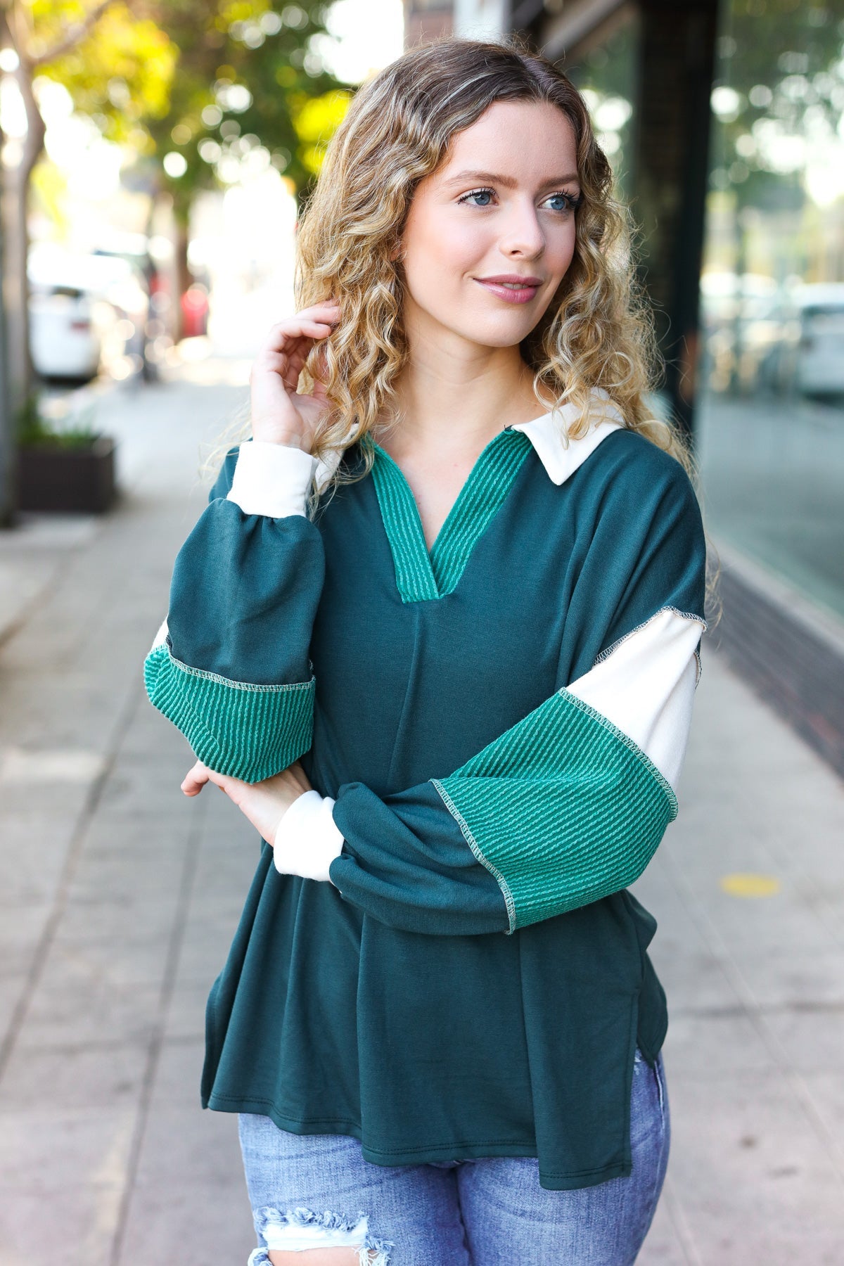 Hunter Green Color Block Collared French Terry Top