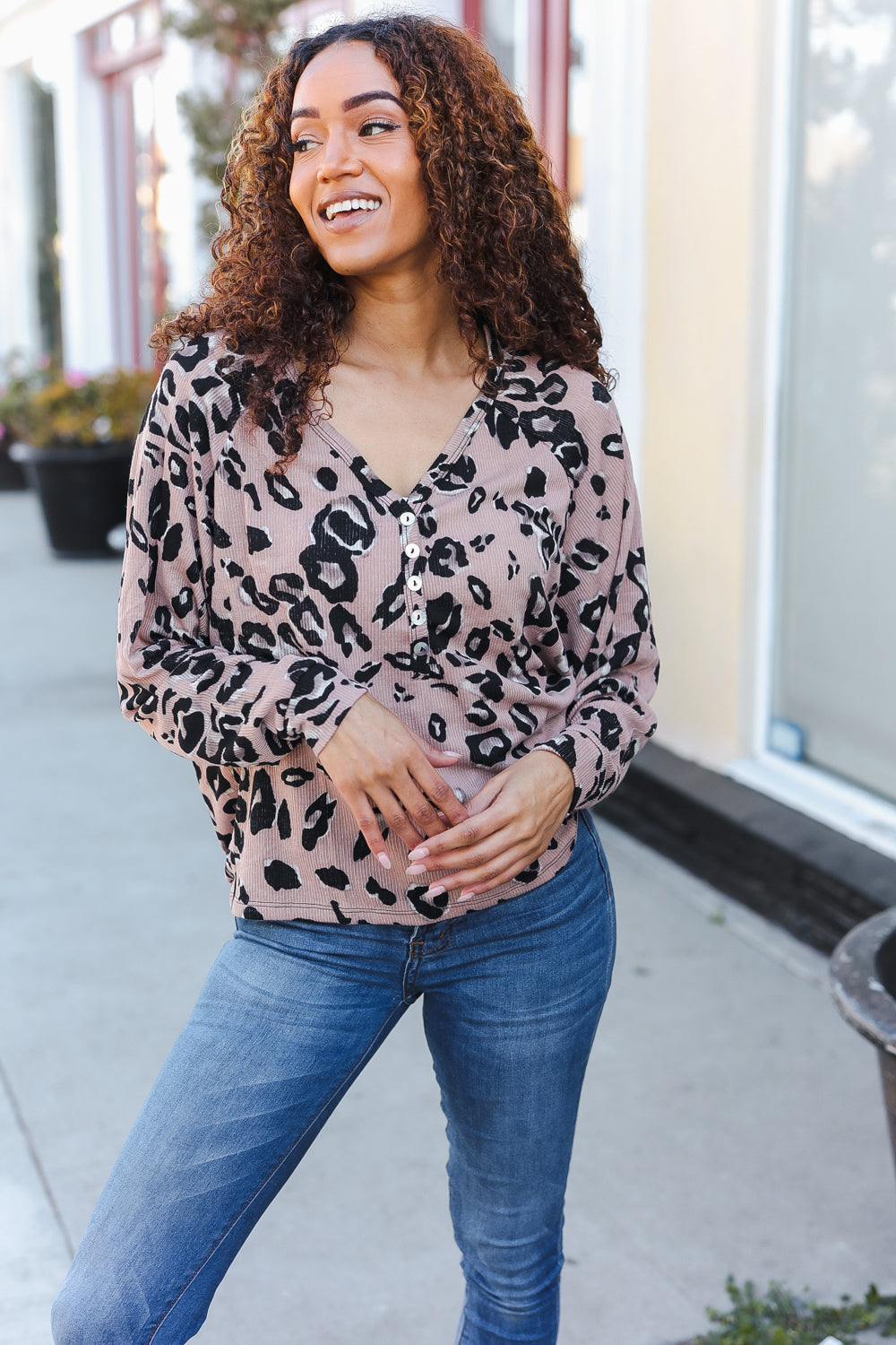 Beige Rib Animal Print Button V Neck Dolman Top