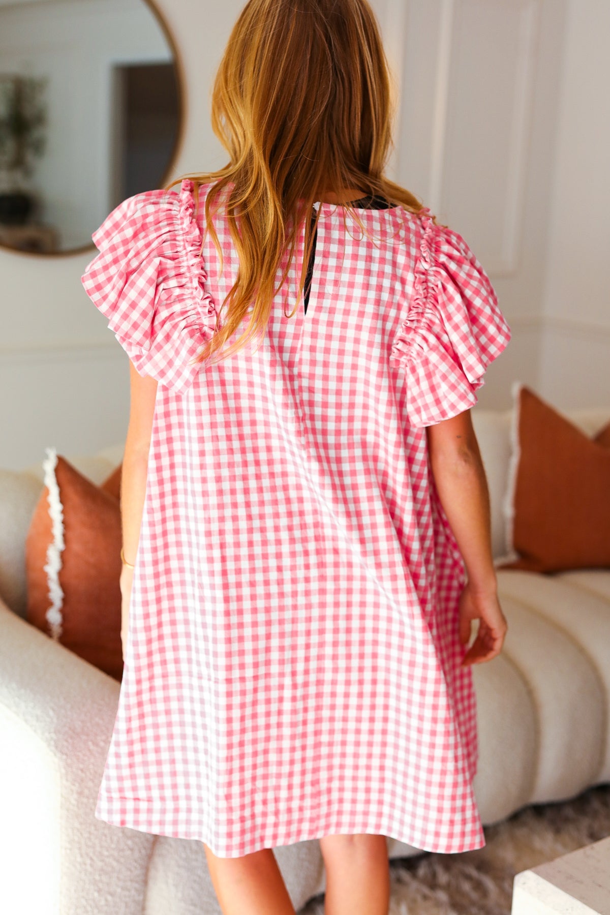 FINAL SALE - Pink Gingham Check Ruffle Sleeve Dress