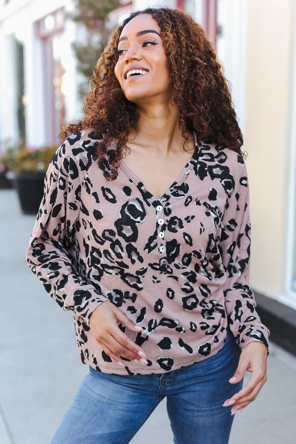 Beige Rib Animal Print Button V Neck Dolman Top