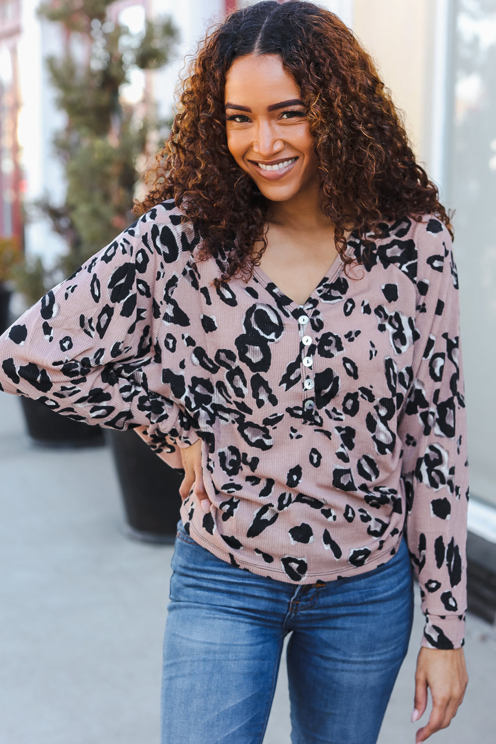 Beige Rib Animal Print Button V Neck Dolman Top