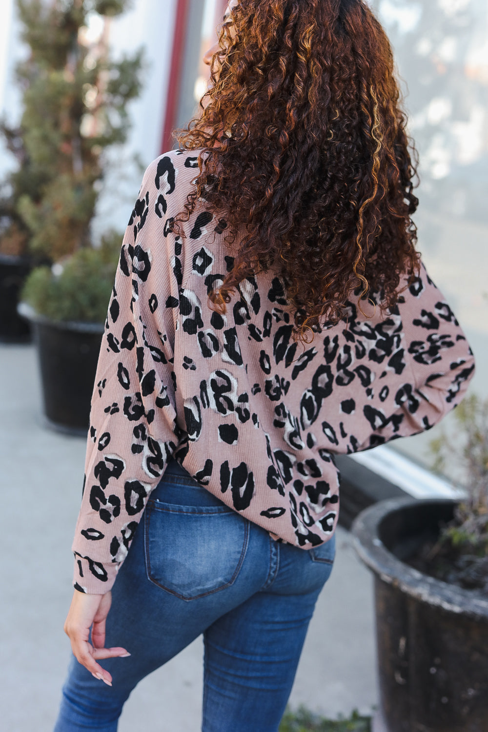 Beige Rib Animal Print Button V Neck Dolman Top