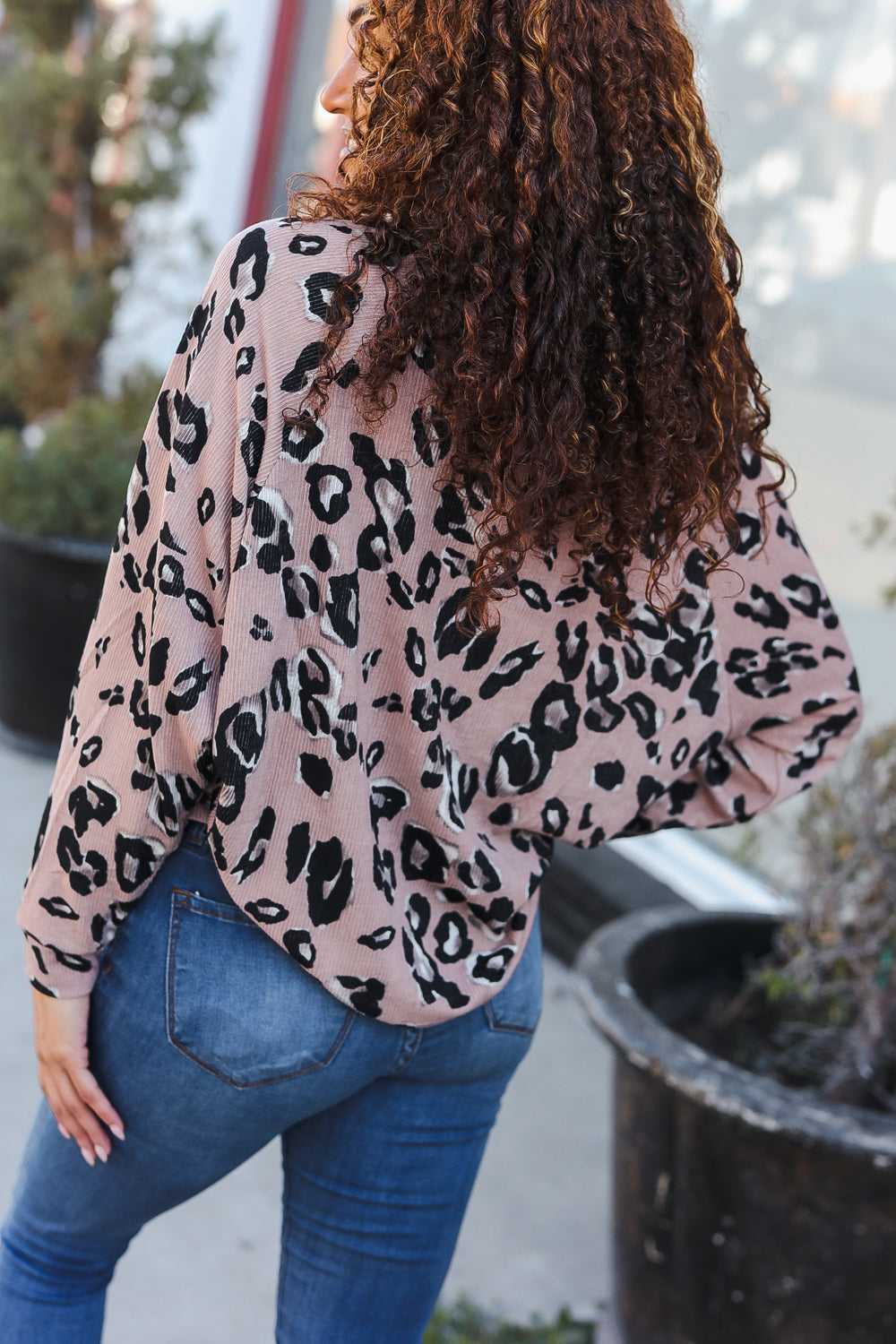 Beige Rib Animal Print Button V Neck Dolman Top