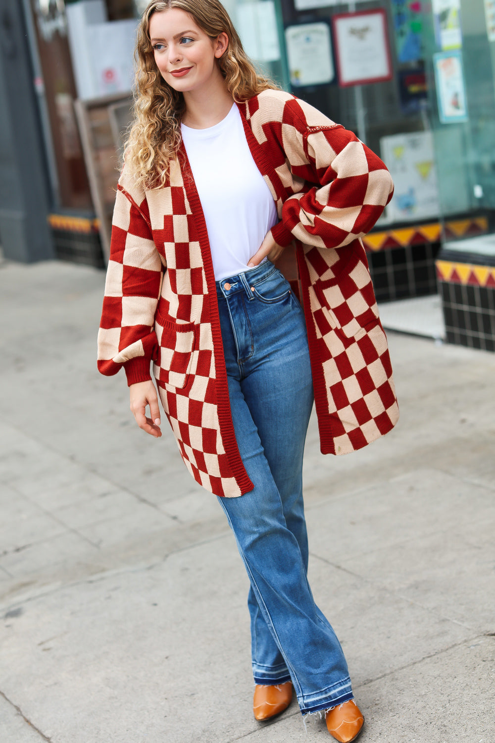 Rust Checkered Open Cardigan