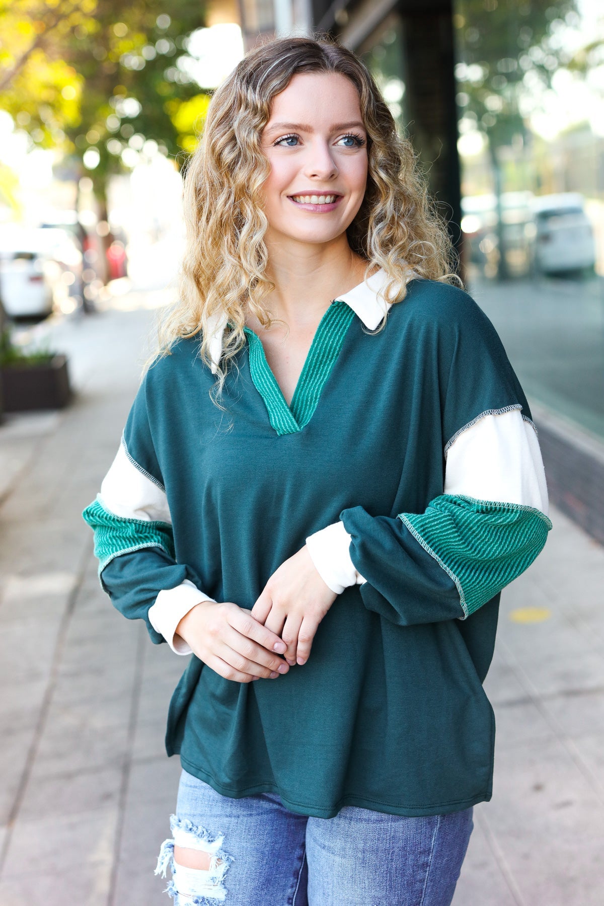 Hunter Green Color Block Collared French Terry Top