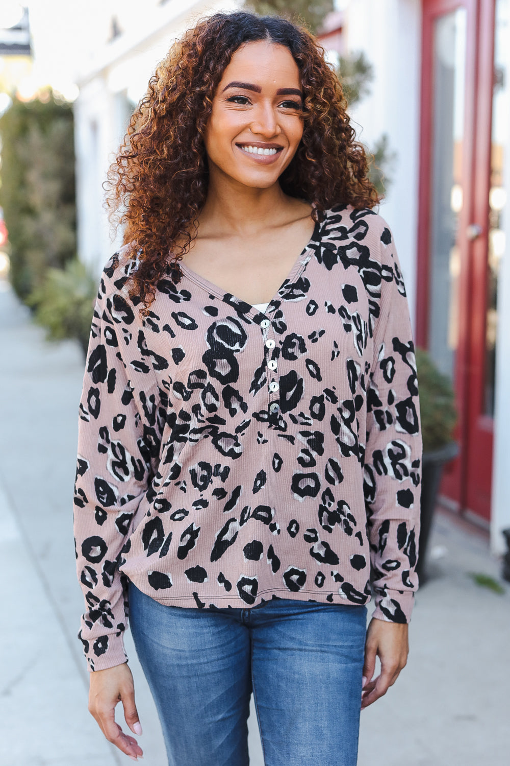 Beige Rib Animal Print Button V Neck Dolman Top