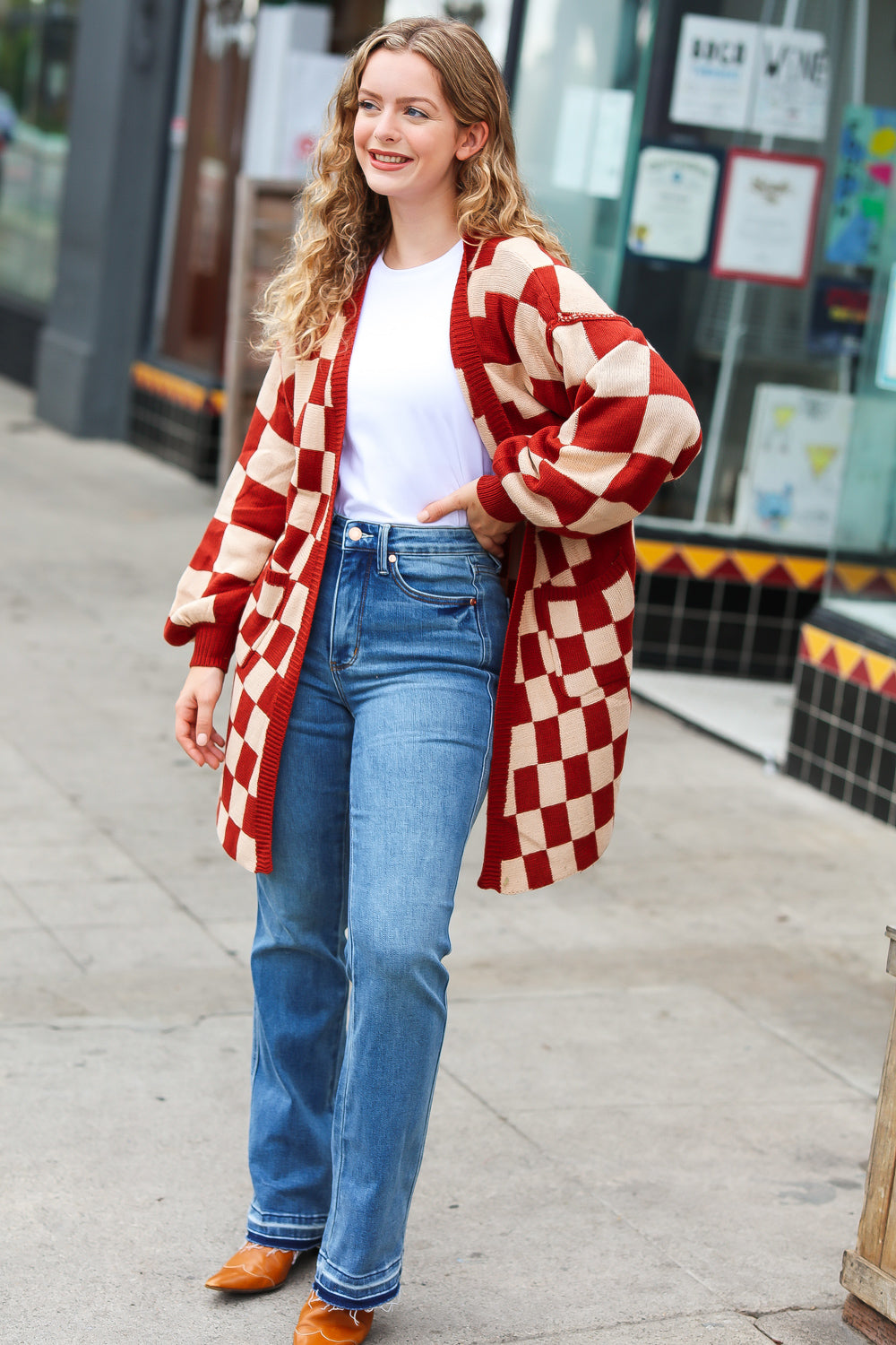 Rust Checkered Open Cardigan