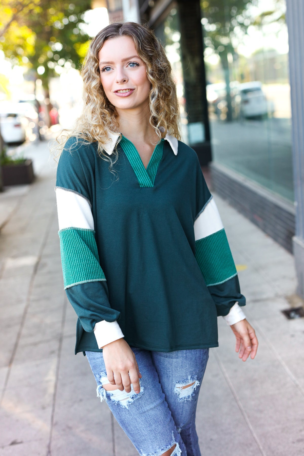 Hunter Green Color Block Collared French Terry Top