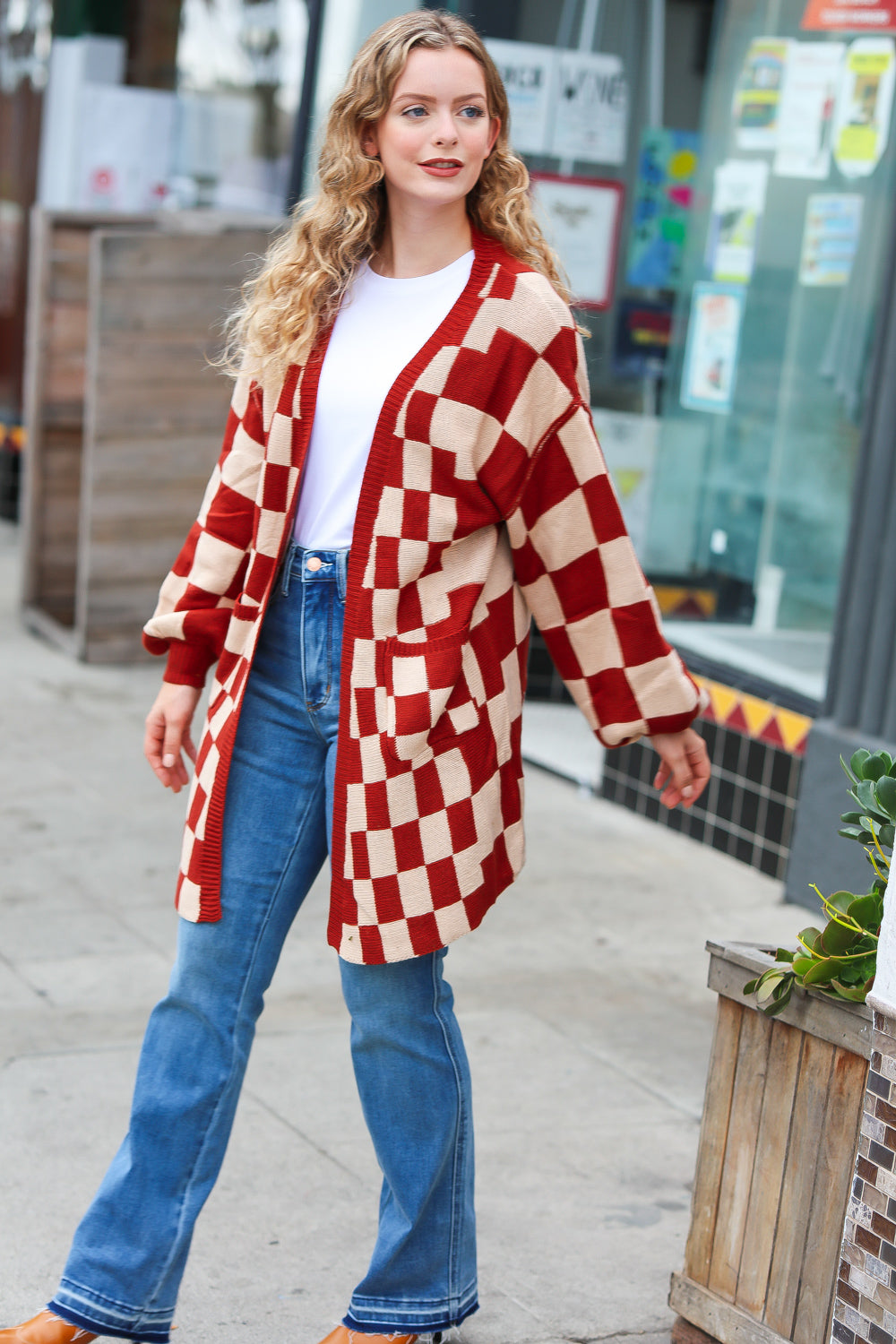 Rust Checkered Open Cardigan