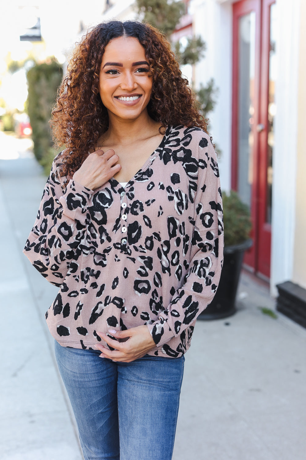 Beige Rib Animal Print Button V Neck Dolman Top