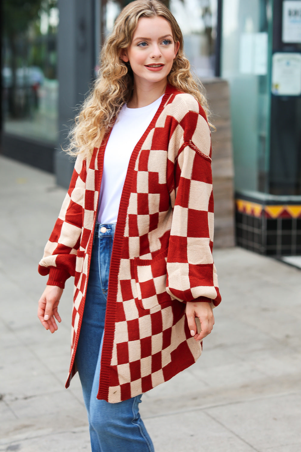 Rust Checkered Open Cardigan