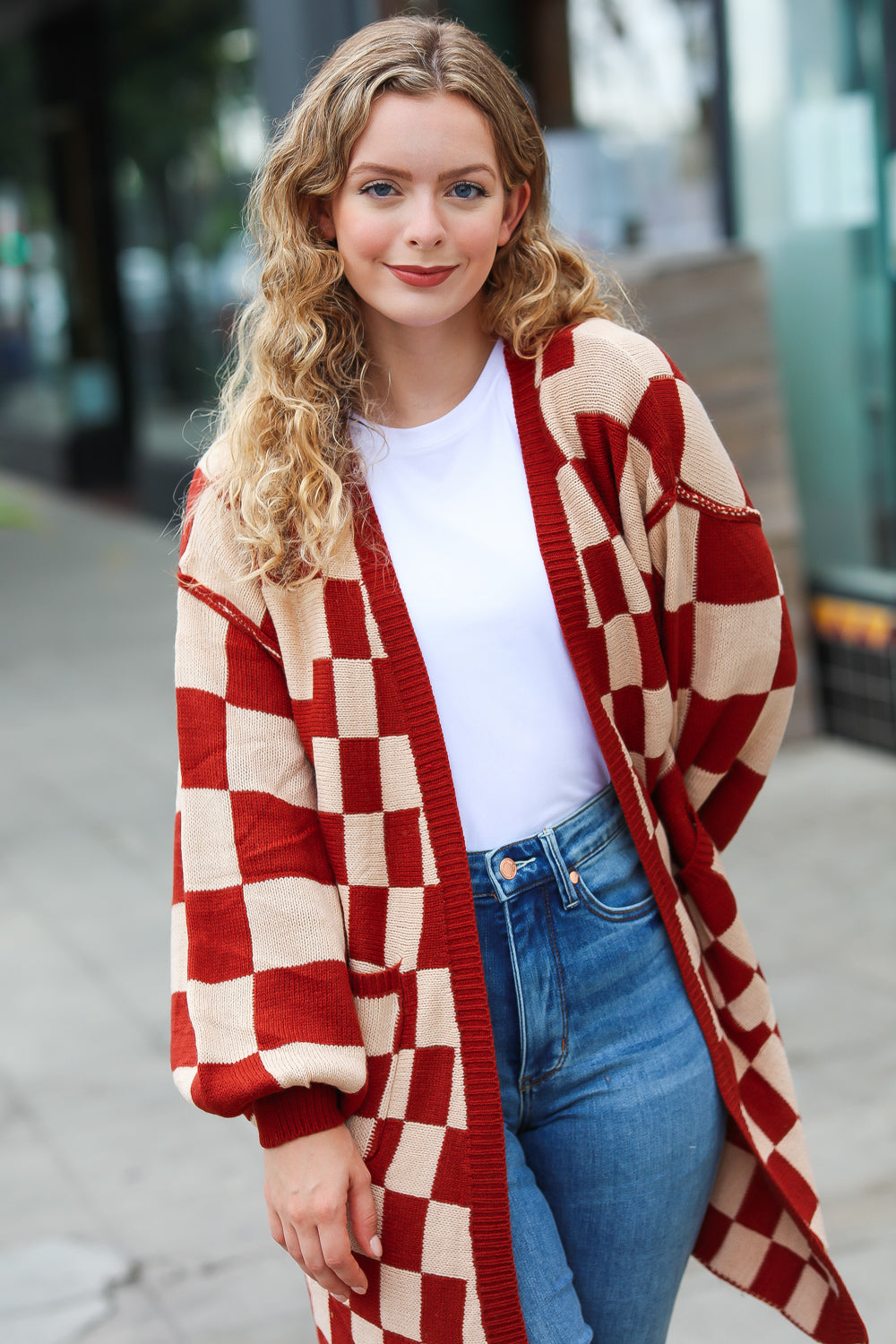 Rust Checkered Open Cardigan