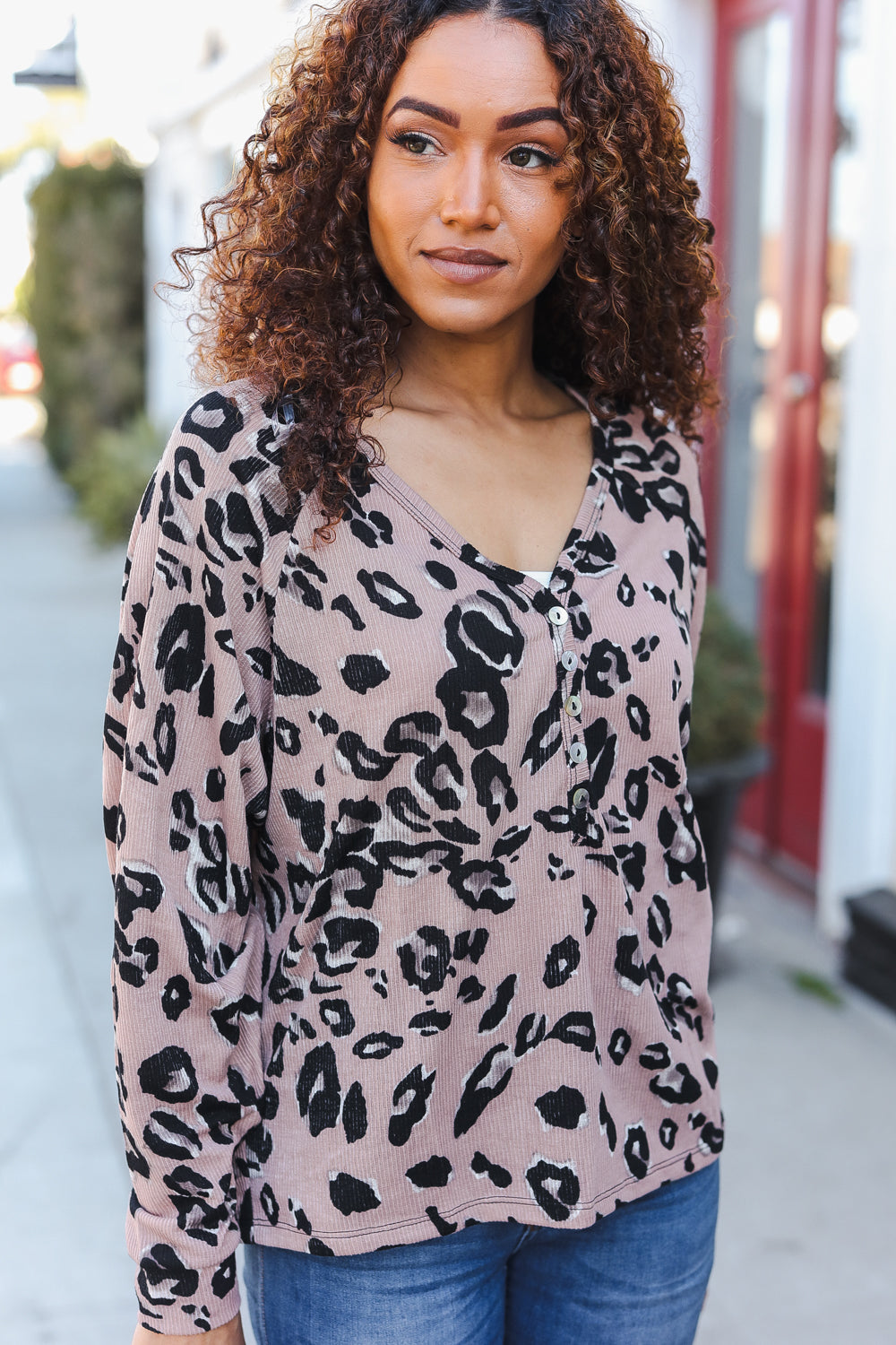 Beige Rib Animal Print Button V Neck Dolman Top