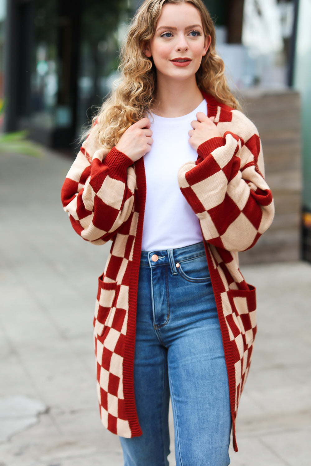 Rust Checkered Open Cardigan