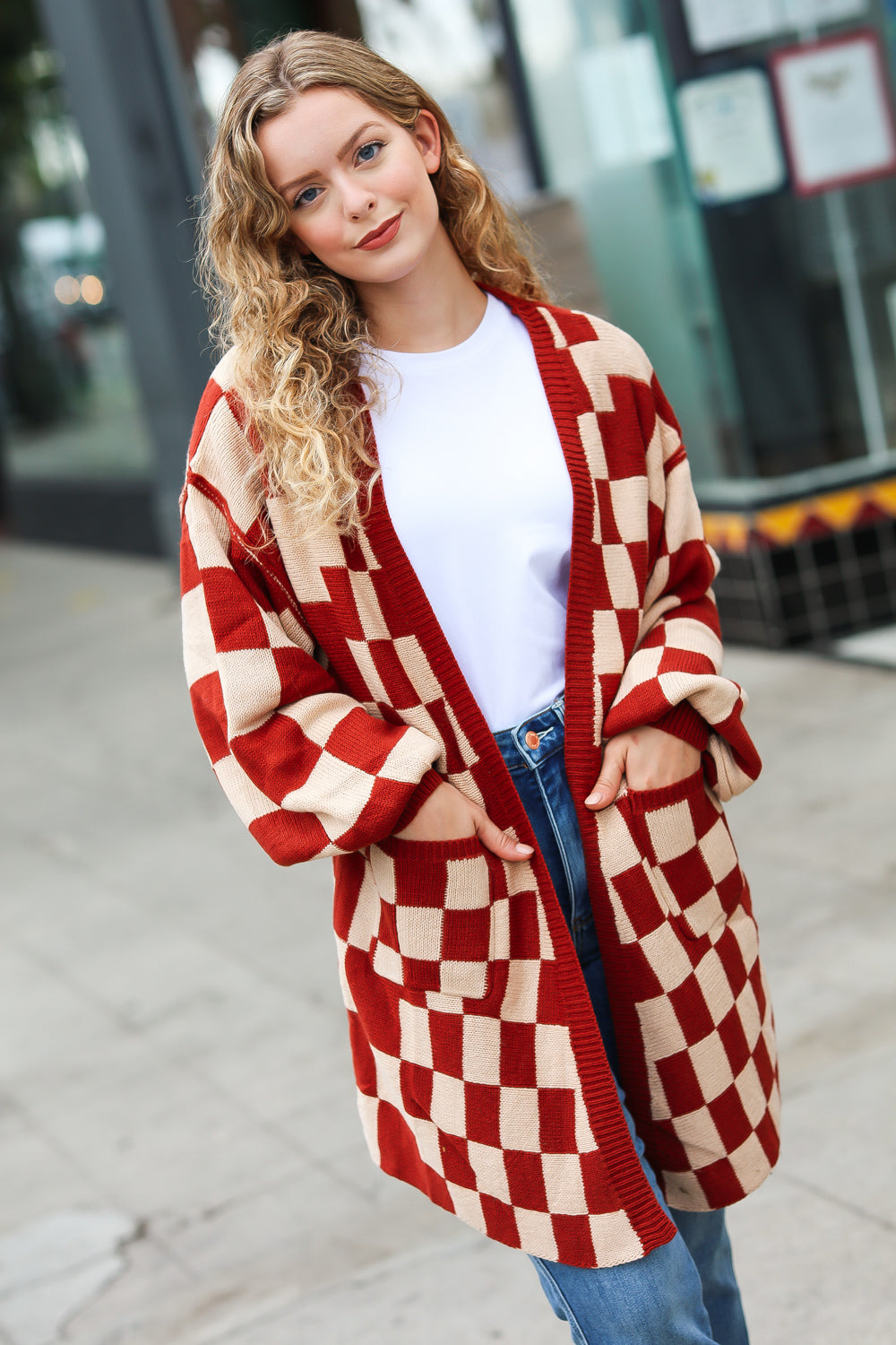 Rust Checkered Open Cardigan