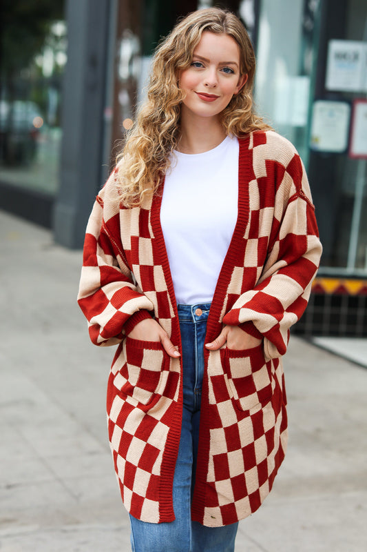 Rust Checkered Open Cardigan