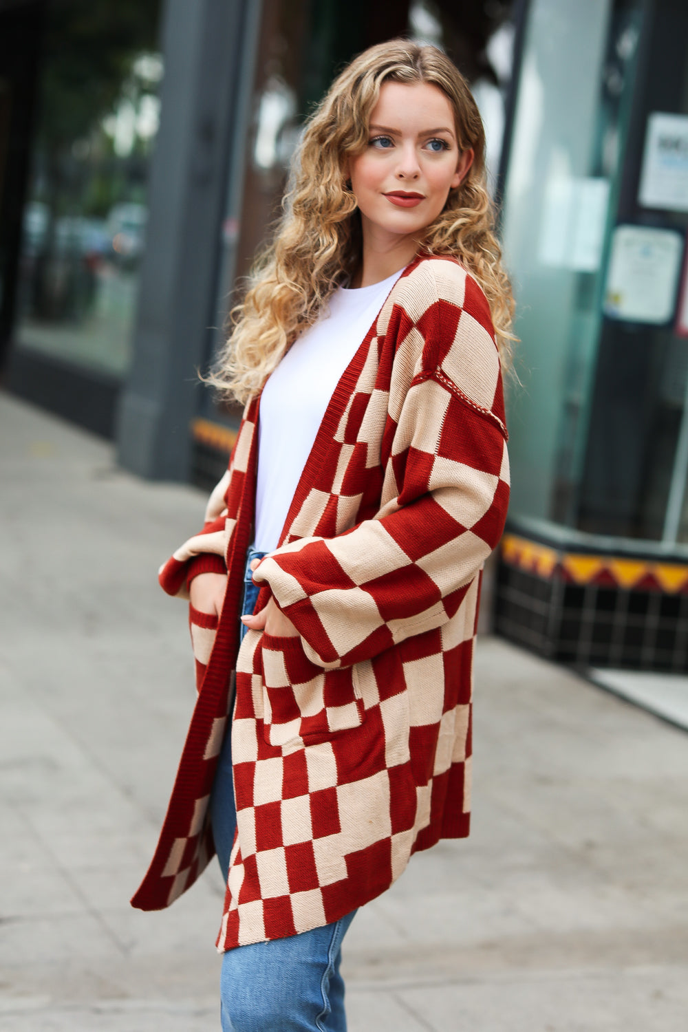 Rust Checkered Open Cardigan