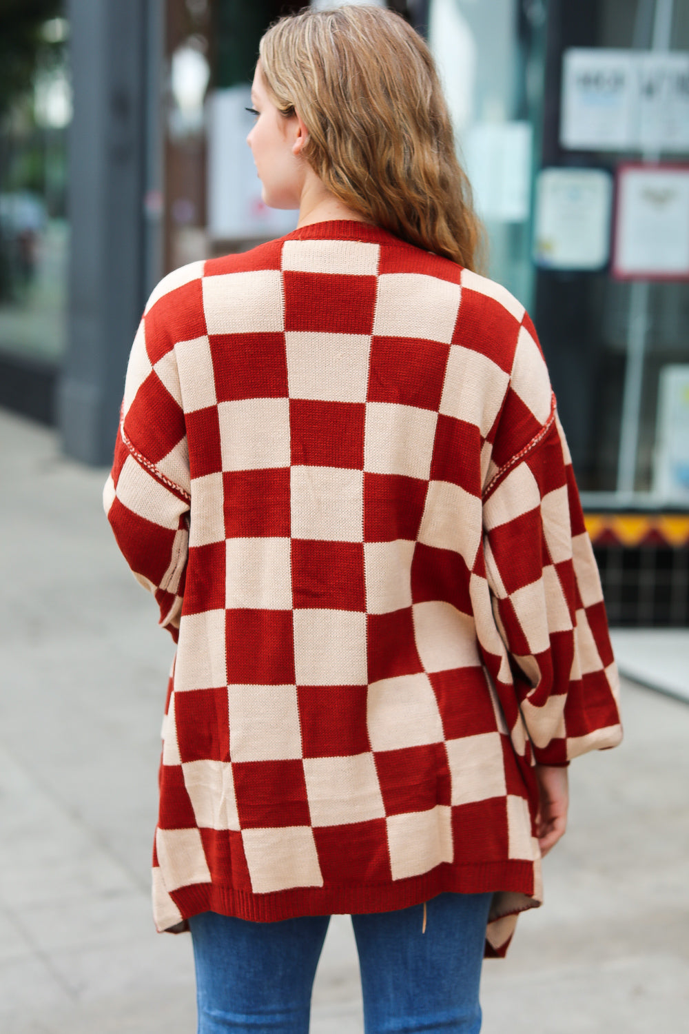 Rust Checkered Open Cardigan