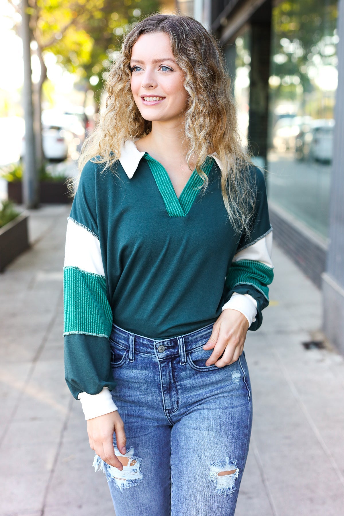 Hunter Green Color Block Collared French Terry Top