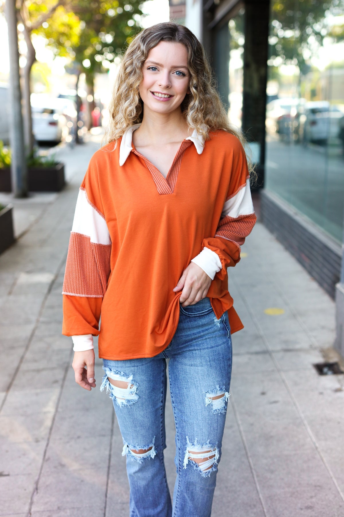 Rust Color Block Collared French Terry Top