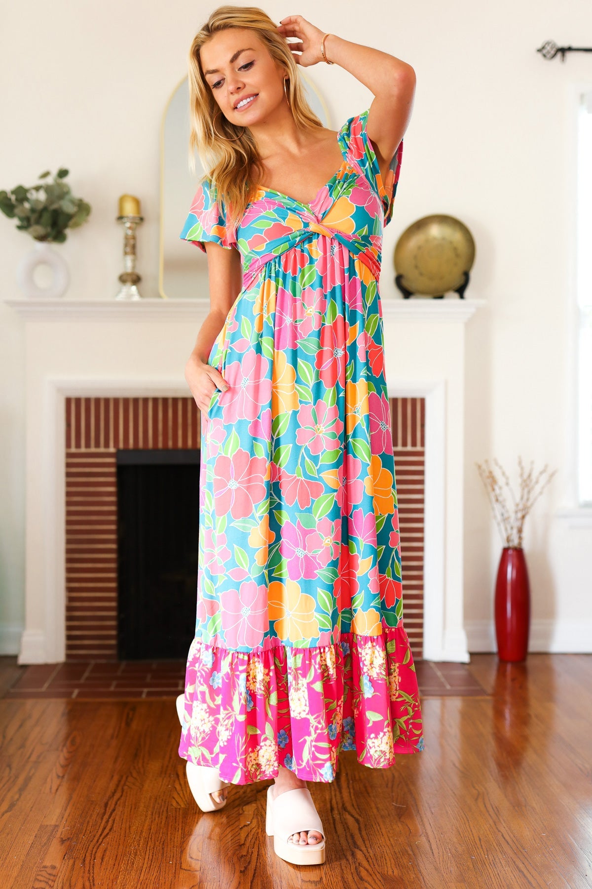 Blue Floral Sweetheart Twisted Neckline Maxi Dress