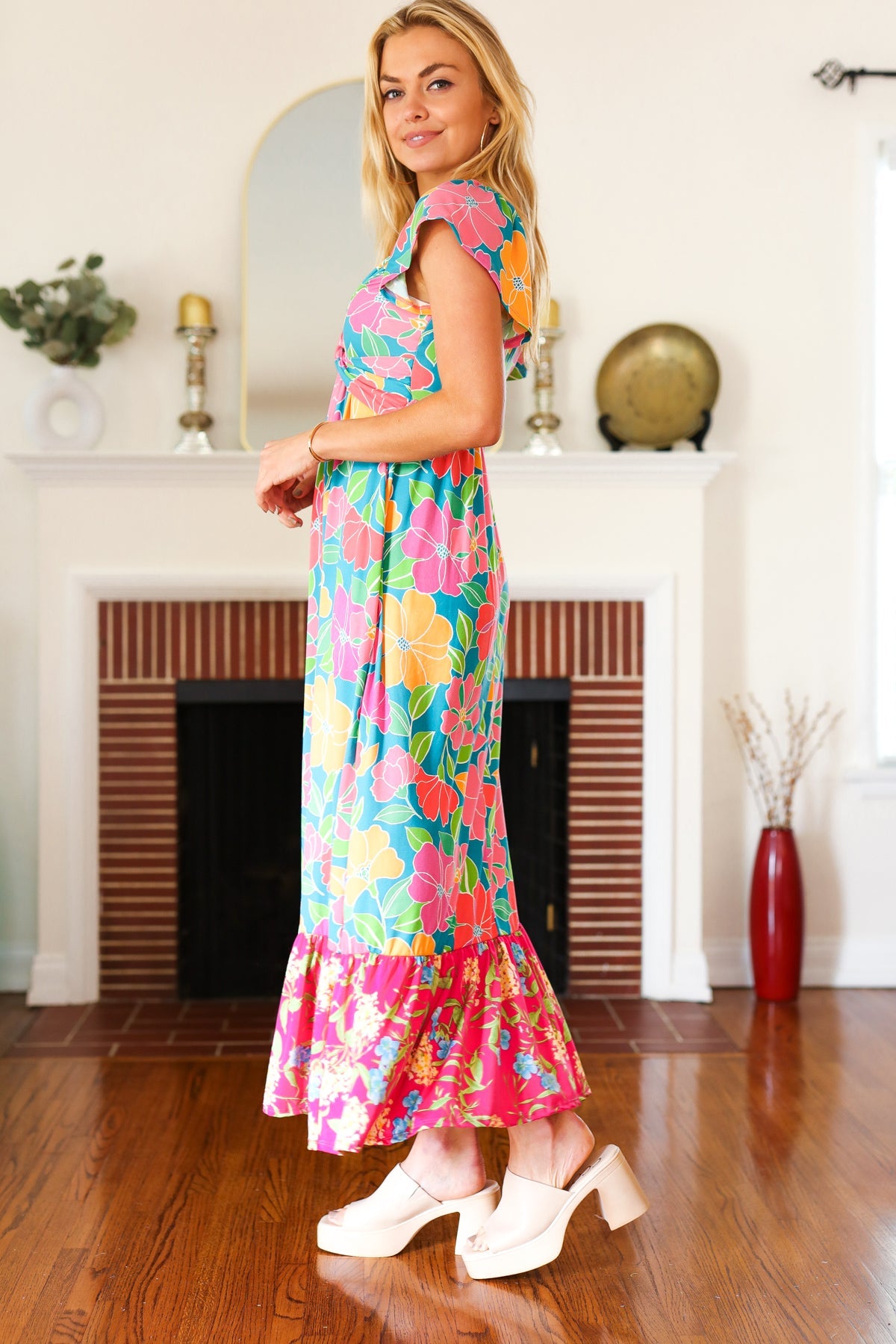 Blue Floral Sweetheart Twisted Neckline Maxi Dress