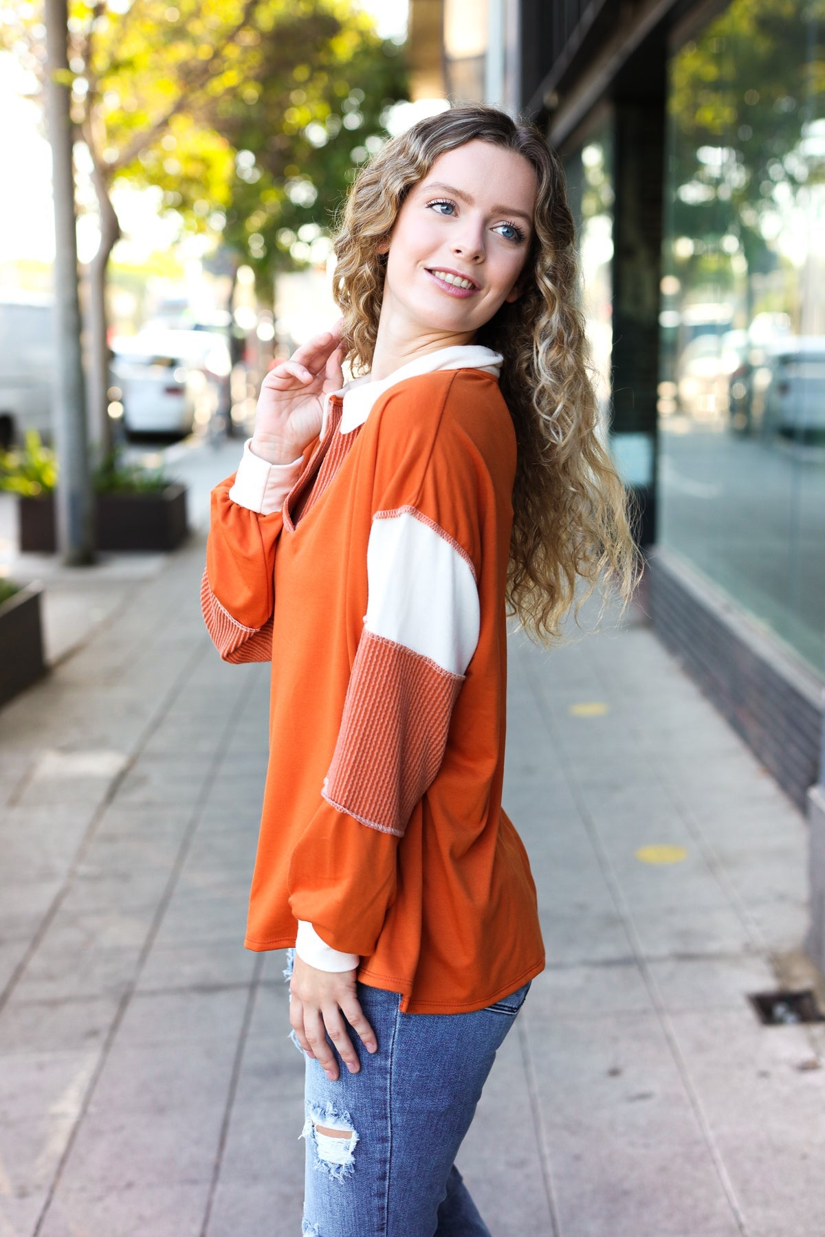 Rust Color Block Collared French Terry Top