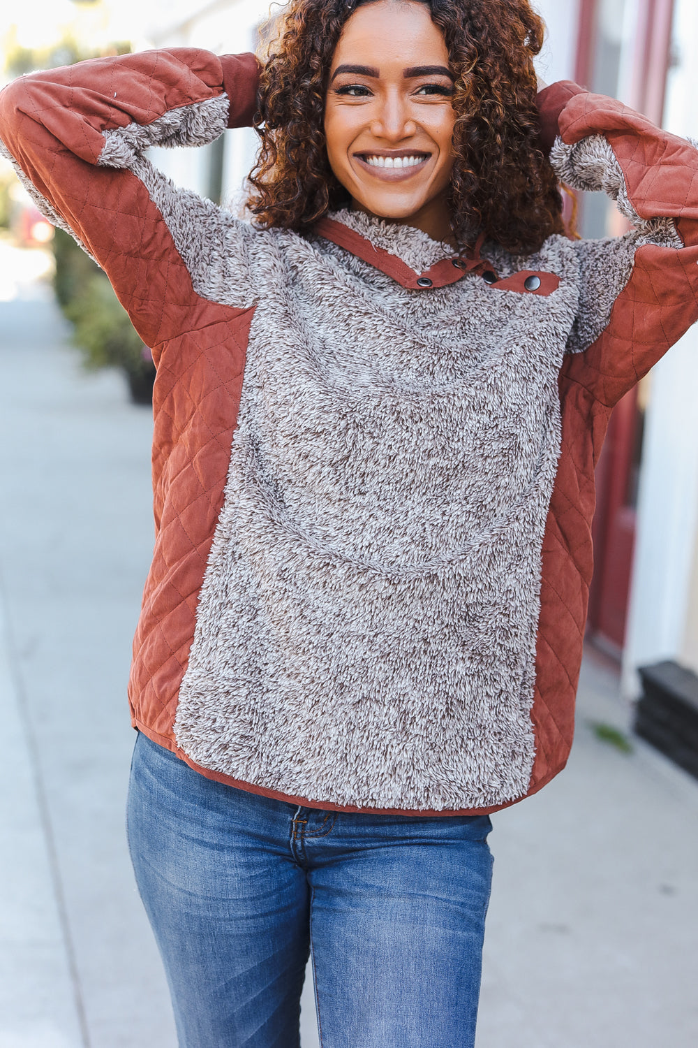 Brown Sherpa Quilted Snap Button Pullover