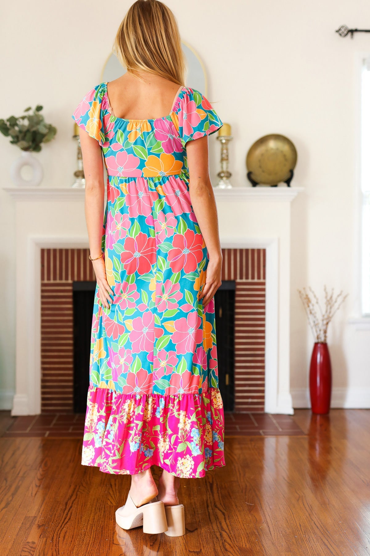 Blue Floral Sweetheart Twisted Neckline Maxi Dress