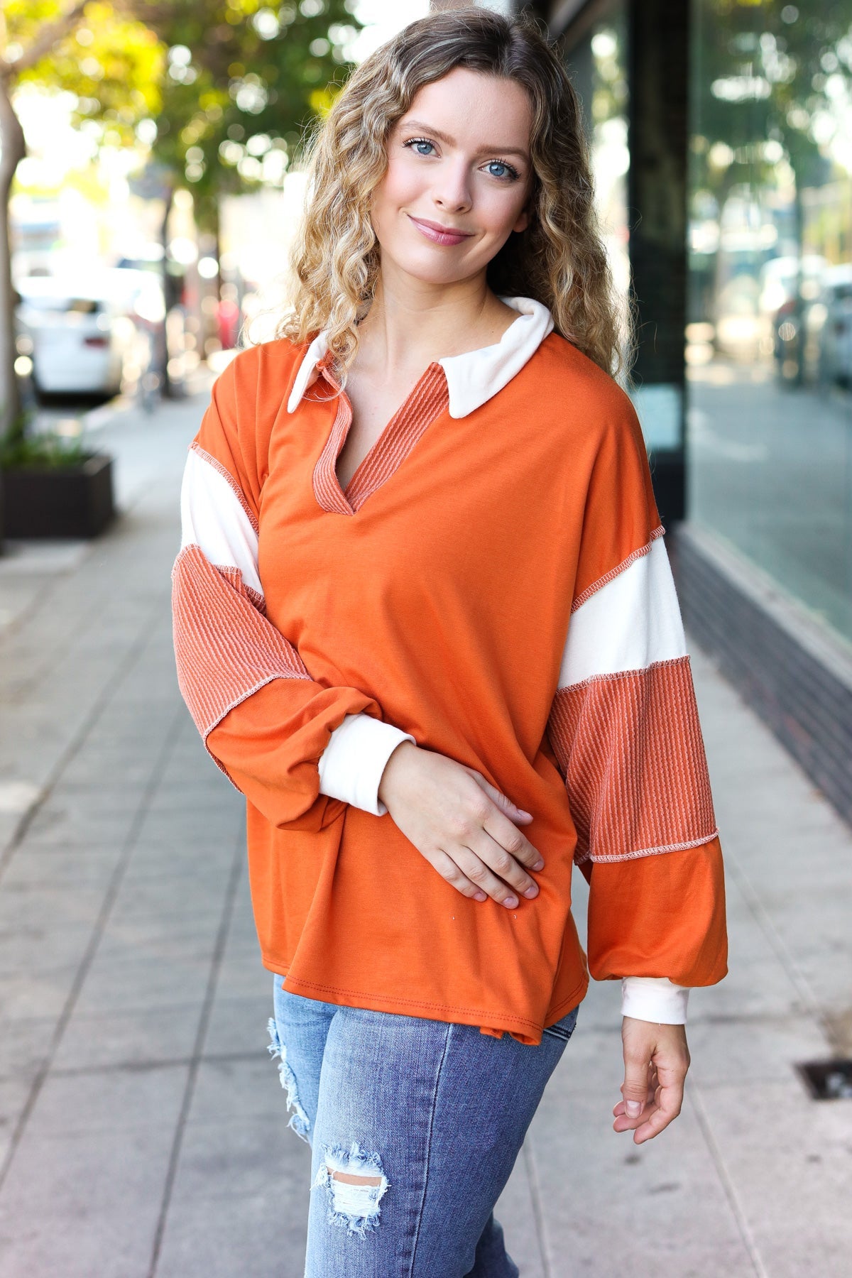 Rust Color Block Collared French Terry Top