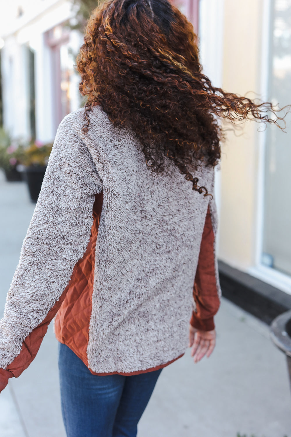 Brown Sherpa Quilted Snap Button Pullover