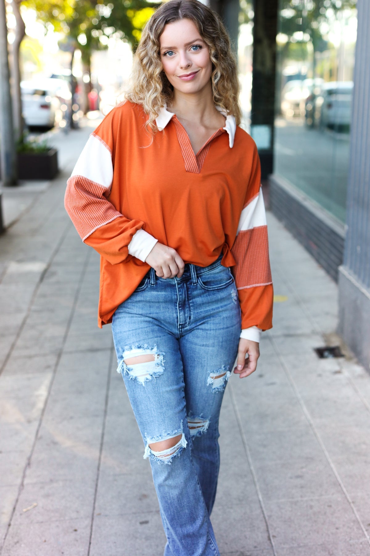 Rust Color Block Collared French Terry Top