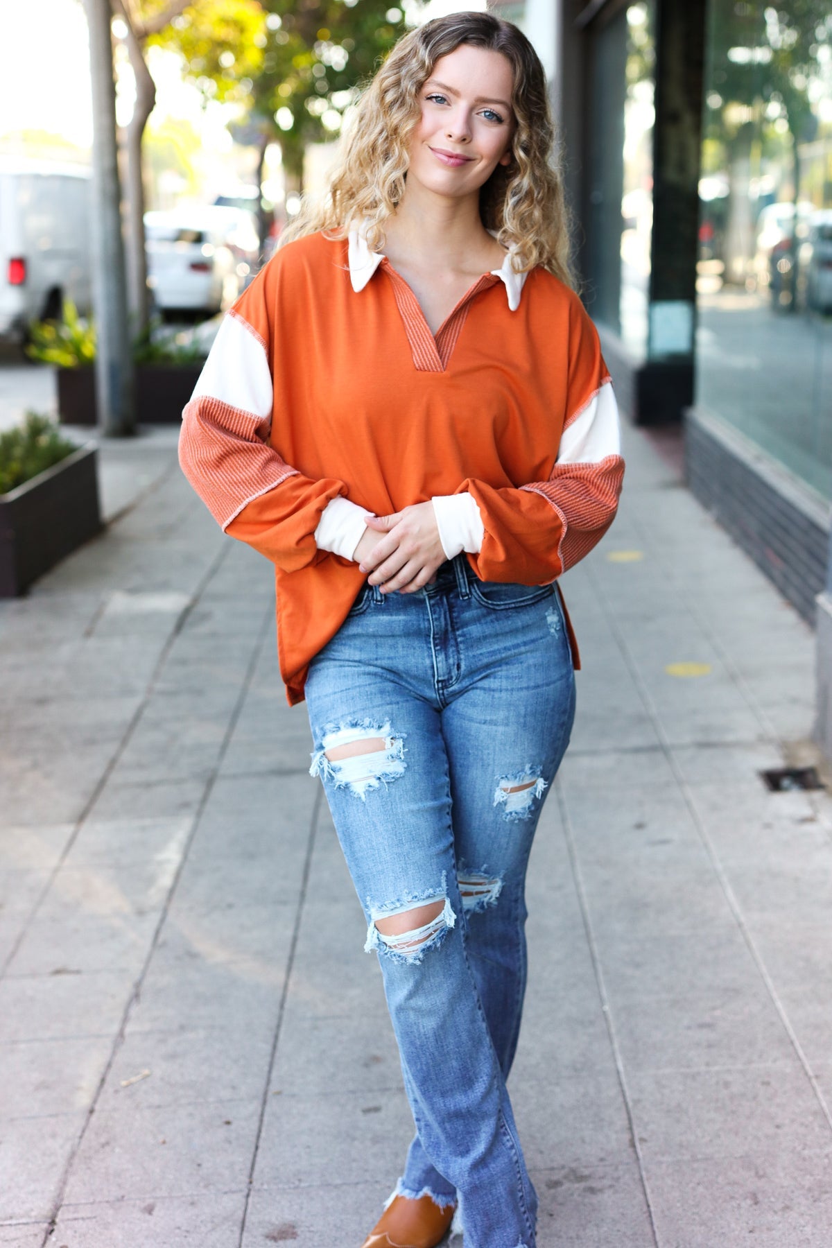 Rust Color Block Collared French Terry Top