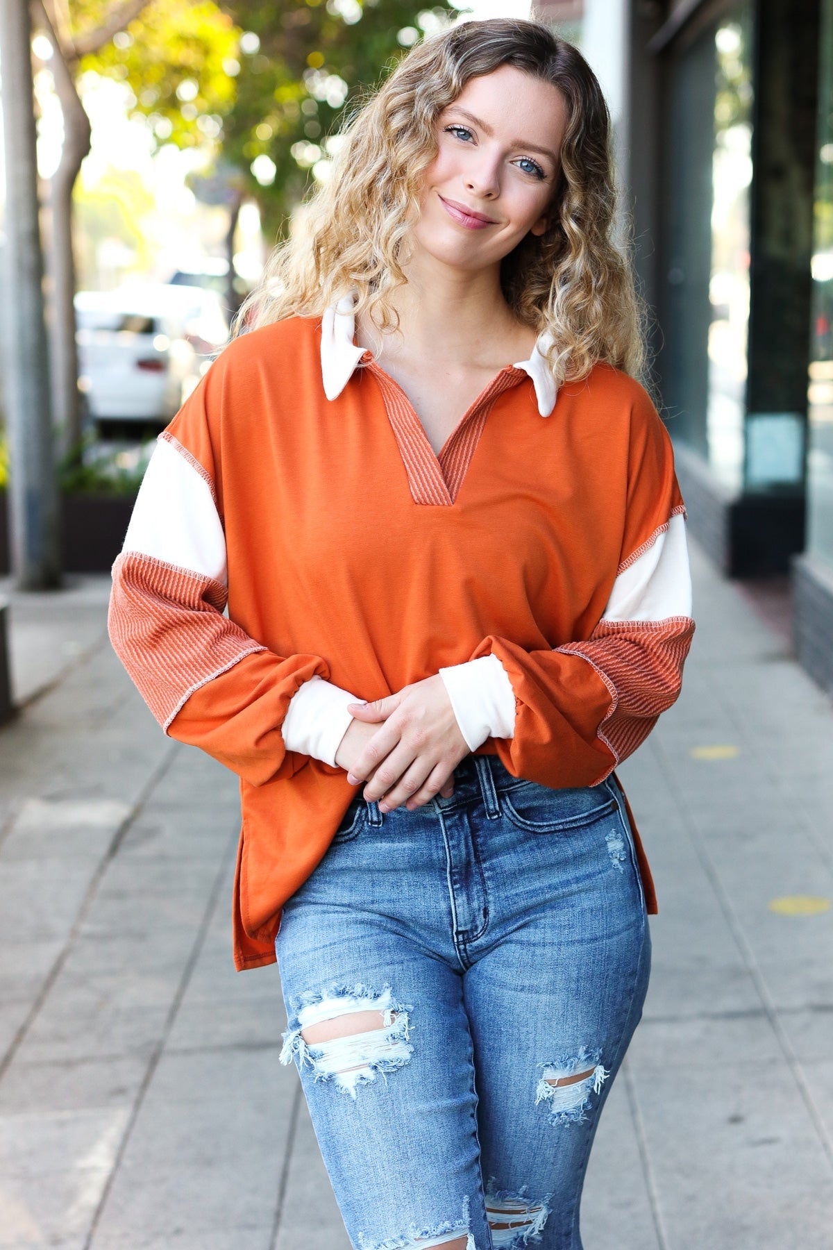 Rust Color Block Collared French Terry Top