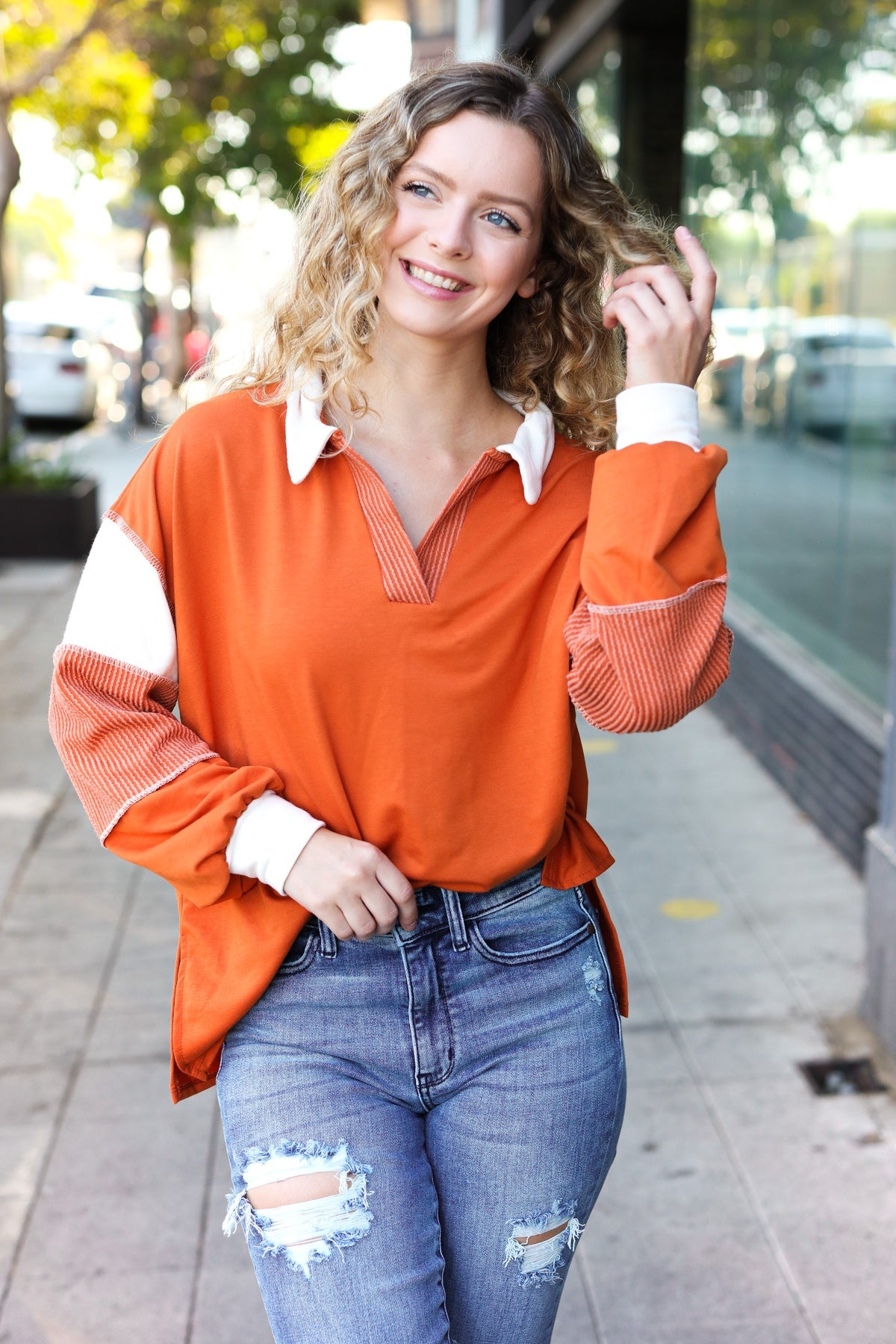 Rust Color Block Collared French Terry Top